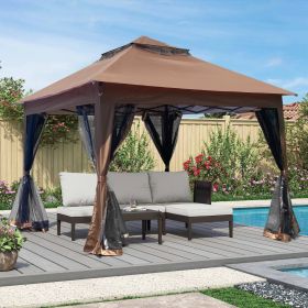 Outdoor 11x11 Ft  Up Gazebo Canopy With Zipper Netting, 2-Tier Soft Top Tent (Color: Brown)